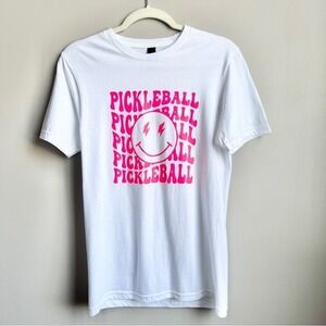Pickleball T-shirt Women's Small White Hot Pink Smiley Face Athletic Sporty Fun